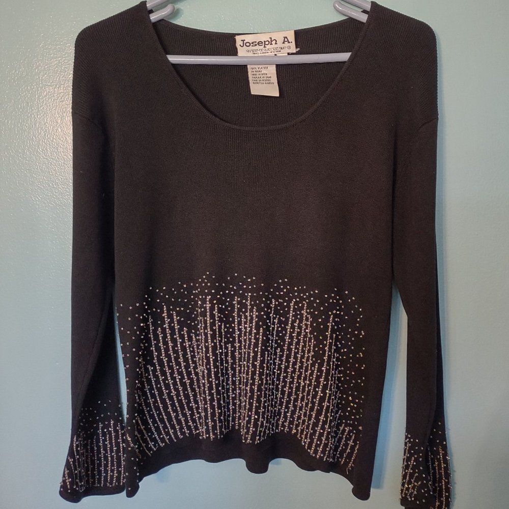 Joseph A 100% silk beaded black scoop necked, long-sleeved sweater, size XL